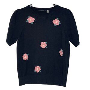T Tahari Raised 3D Floral Crochet Detail Short Sleeve Sweater Sz LG Puff Sleeve